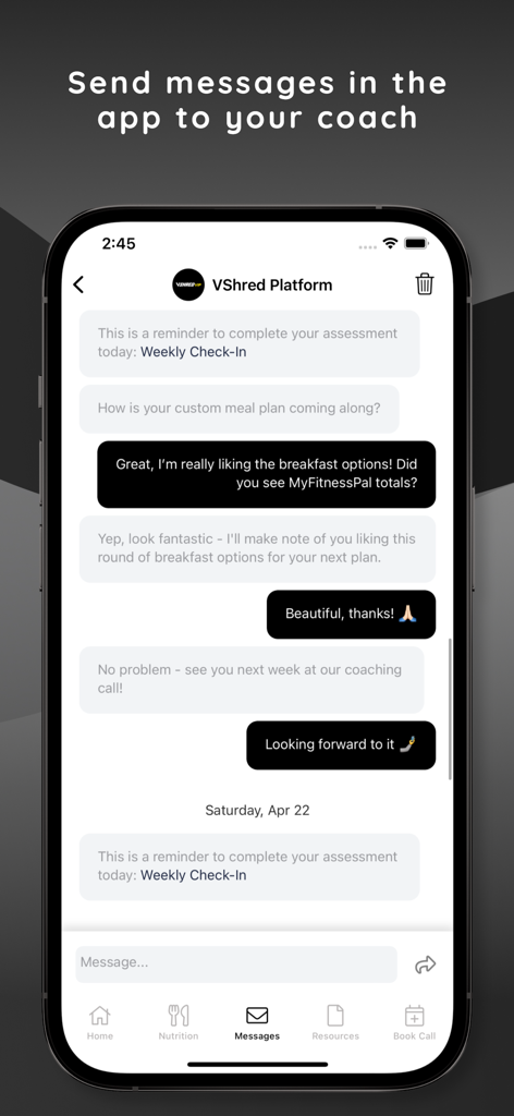 Messaging interface of the V Shred VIP app showing a conversation between a user and a fitness coach regarding meal plans and check-ins