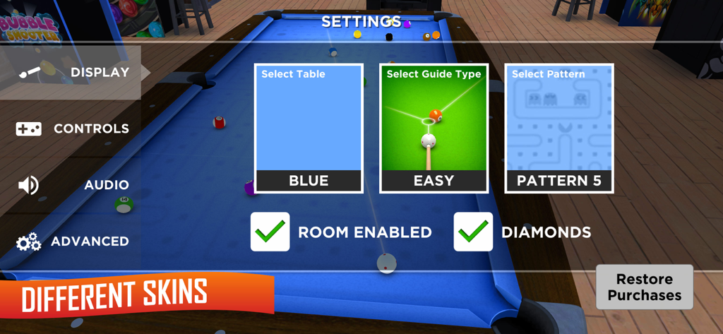 8 Ball Pool & Snooker Billiard - Settings menu showing customization options for pool table colors patterns and guides