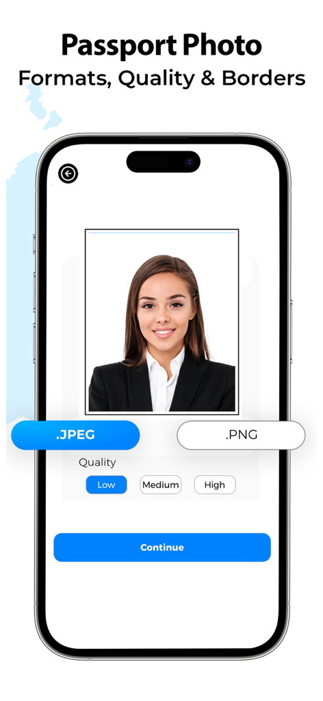 Passport Size ID Photo Maker - Oberfläche der Passbild-Ersteller-App, die Optionen für die Auswahl von Dateiformaten wie JPEG und PNG sowie für die Bildqualität anzeigt.