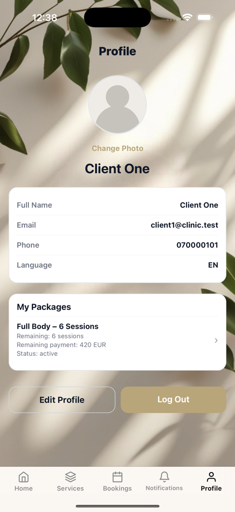 Viola Clinic - Página de perfil do aplicativo Viola Clinic exibindo informações do usuário e pacotes de tratamento ativos.