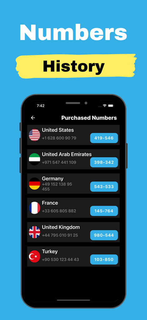 Virtual Number for Telegram ' - 텔레그램 인증 코드를 보여주는 다양한 국가의 구매한 가상 전화번호 목록