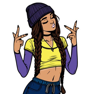 realistic teenage girl with braids and a beanie and crop top doing 🫶🏼