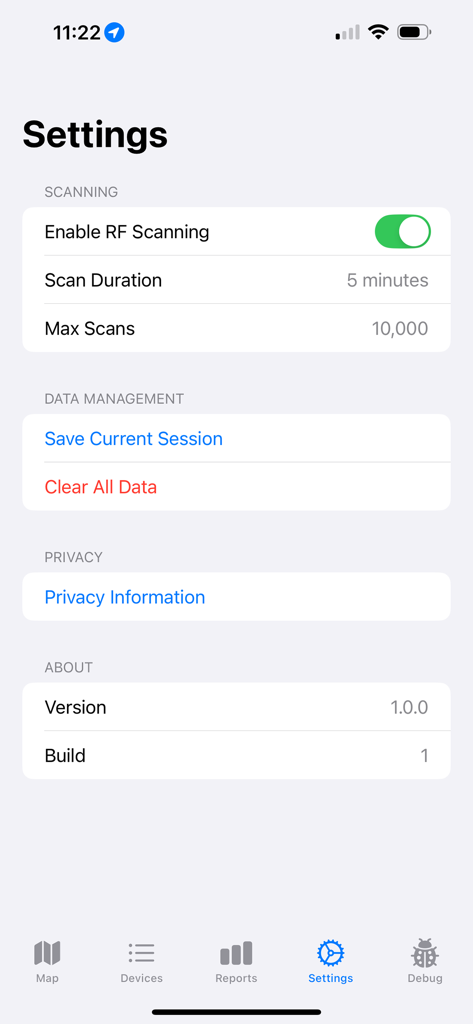 RF Aware - RF Aware app settings screen with scanning and data management controls