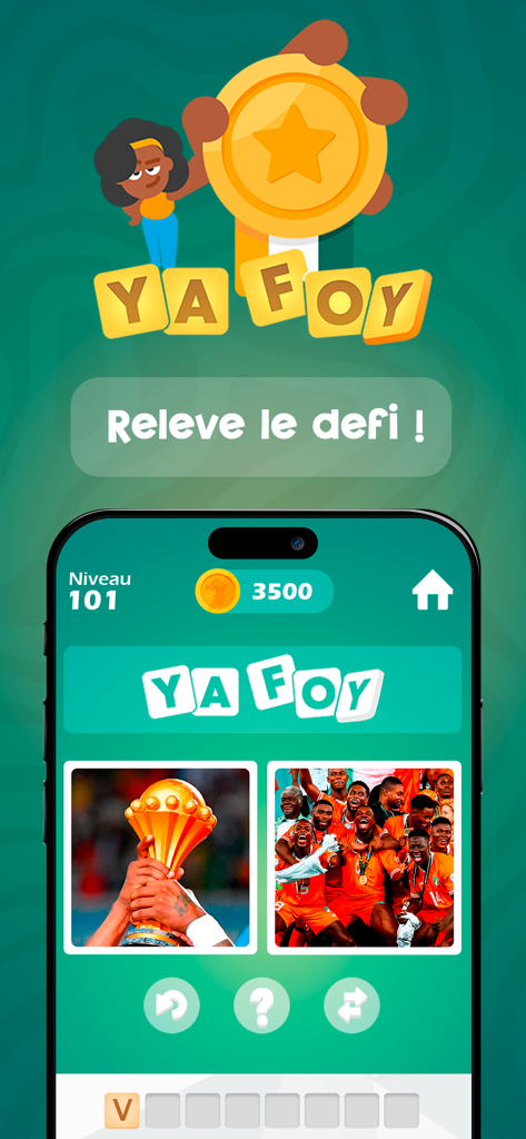 Interfaz del juego de trivia YAFOY que muestra un nivel con imágenes de la selección nacional de fútbol de Costa de Marfil y un trofeo.