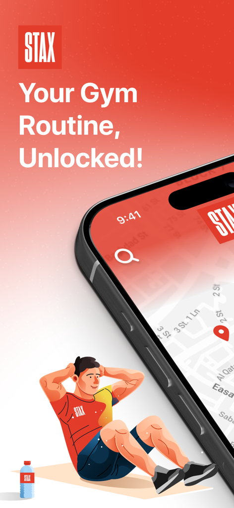 STAX app display showing a map of nearby gyms and a man exercising with the headline Your Gym Routine Unlocked