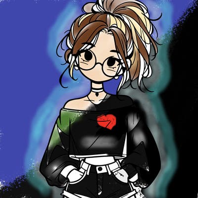 girl with a messy ponytail glasses a baggy crop top and jean shorts