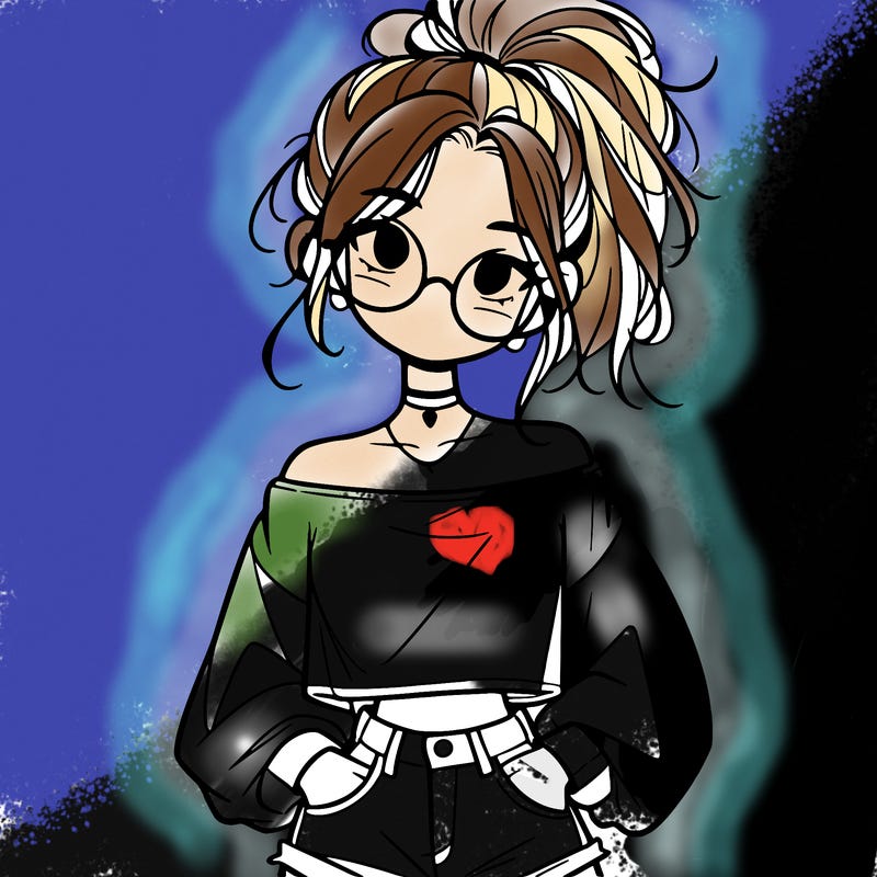 girl with a messy ponytail glasses a baggy crop top and jean shorts