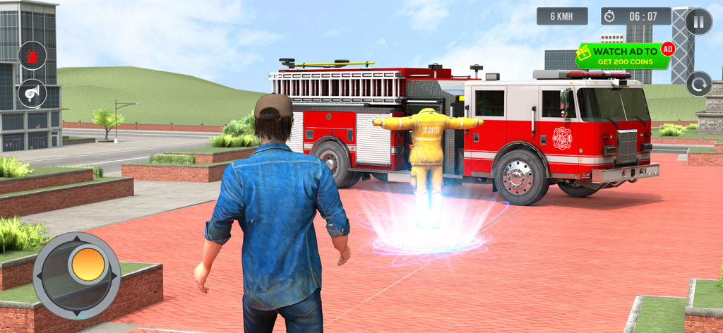 Fire Truck Driving Simulator - Firefighter character standing in front of a red fire truck and a glowing yellow suit