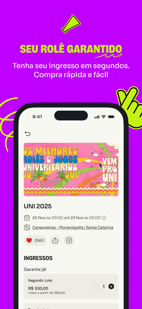 Cheers App - Pantalla de smartphone que muestra una página de reserva de entradas para un evento UNI 2025 con detalles de precios e información de ubicación.