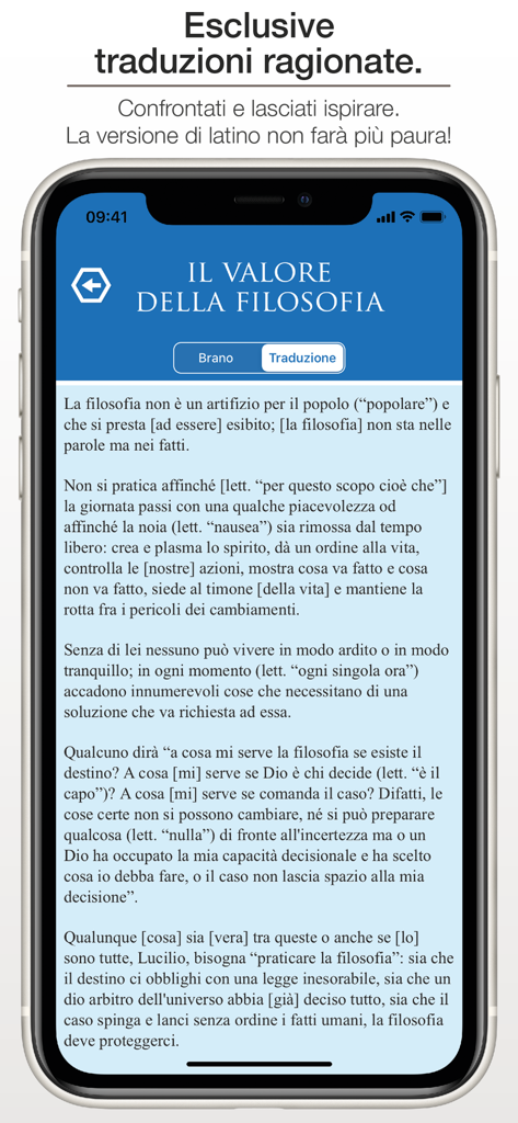 iLatinista (PRO) - Screenshot of the iLatinista PRO app displaying a detailed Italian translation of a Latin text titled The Value of Philosophy.