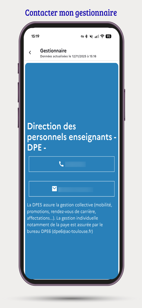 Mon portail RH - Écran de coordonnées de la direction des personnels enseignants dans l'application mobile Mon portail RH.