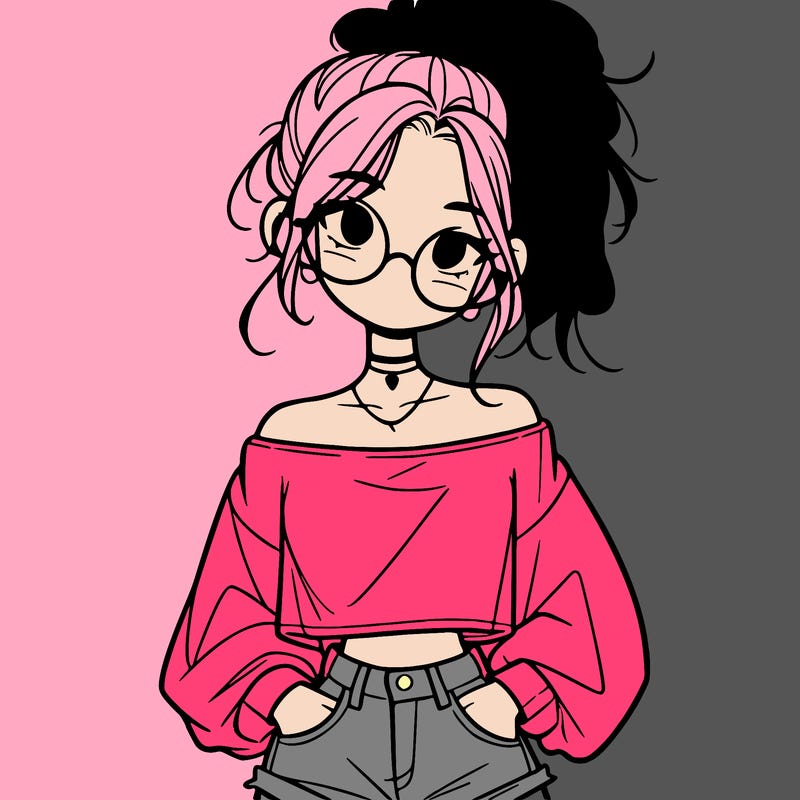girl with a messy ponytail glasses a baggy crop top and jean shorts