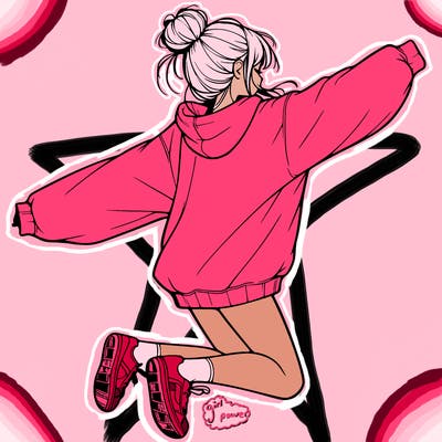 realistic girl jumping with a bun and oversized sweatshirt