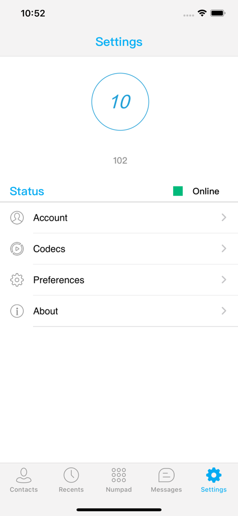 PortSIP UC - PortSIP UC settings screen showing online status and configuration options including account and codecs