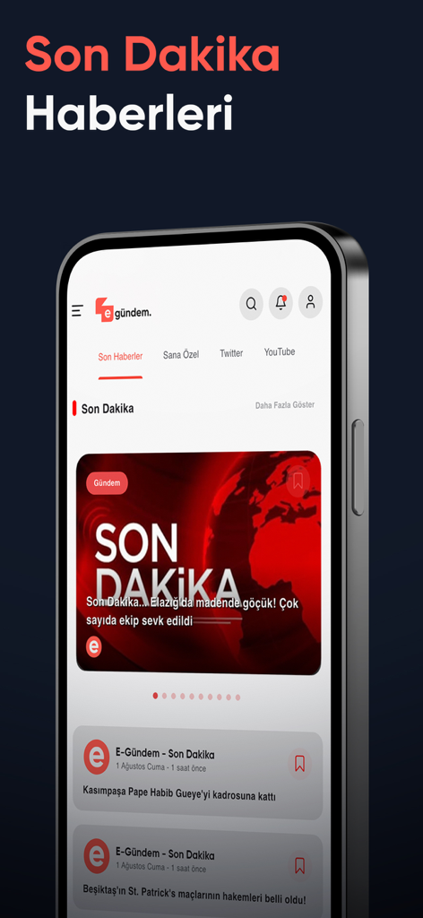Screenshot of the eGundem mobile app interface displaying breaking Turkish news headlines and categories on an iPhone