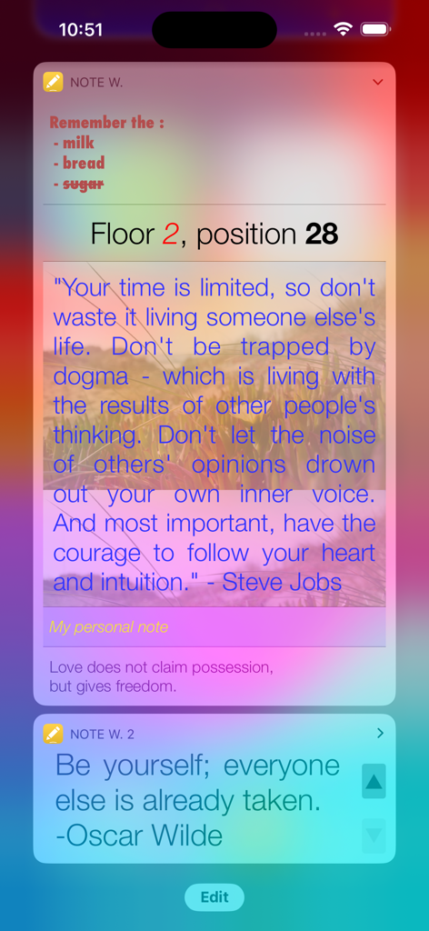 Um grupo de widgets iOS personalizados exibindo uma lista de compras e citações inspiradoras com fontes e cores personalizadas.