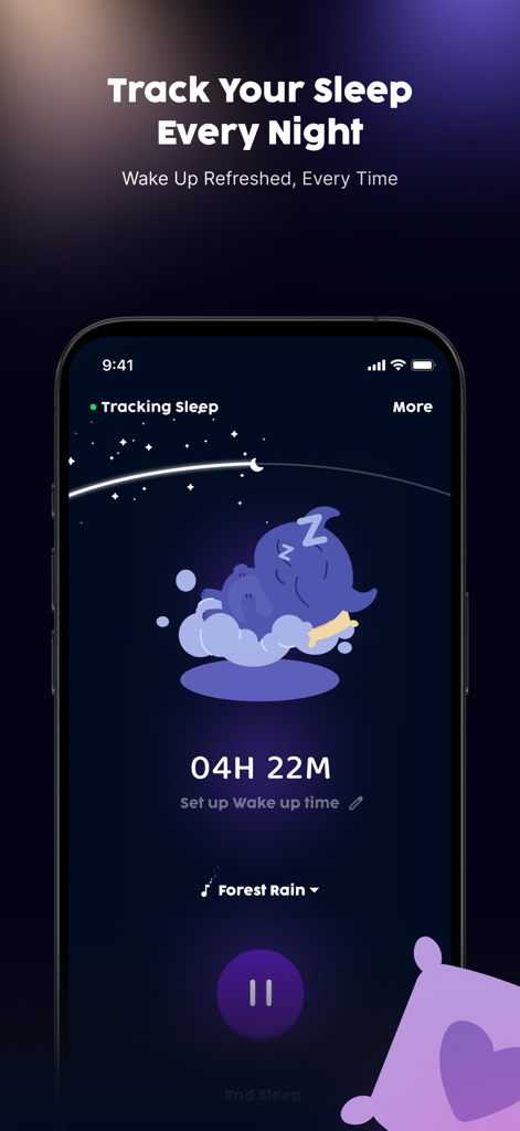 Self-Care Pet: Momo - A screenshot of the Momo app showing a cute blue creature sleeping on a cloud with a sleep timer and forest rain sound settings