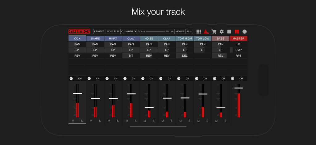 Hypertron - Interfaz de consola de mezclas en la app Hypertron mostrando faders de volumen y efectos de pista