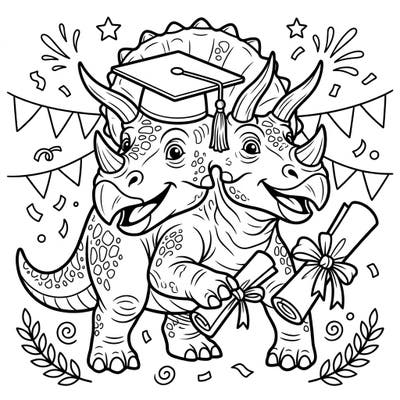 Join two cheerful triceratops as they celebrate their special Graduation Day! This adorable coloring page features dinosaurs in graduation caps holding diplomas amidst festive decorations.