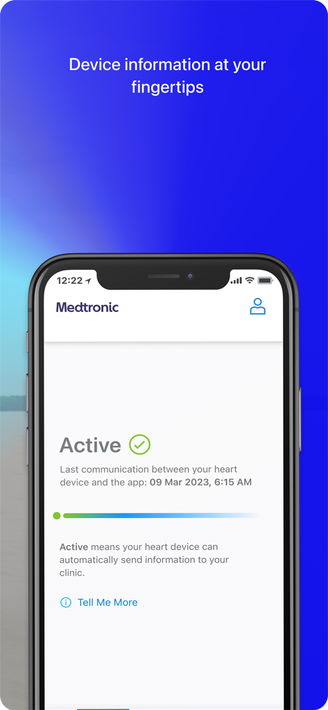 The MyCareLink Heart mobile app screen showing an active connection status between a heart device and a medical clinic.