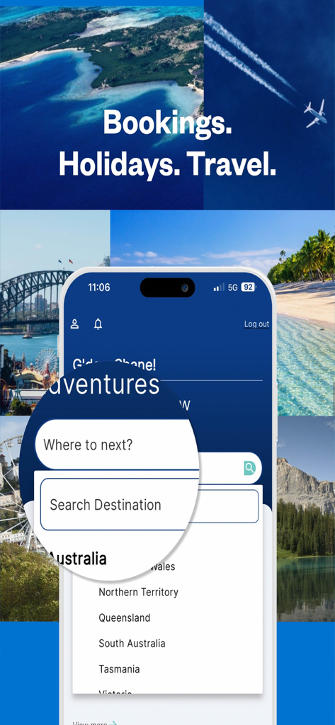 Interfaz de la aplicación Club Wyndham South Pacific mostrando opciones de búsqueda de vacaciones para destinos australianos.