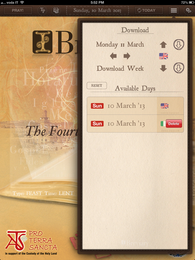 The download menu of the iBreviary Pro Terra Sancta HD app showing options to download liturgical texts for the week on an iPad