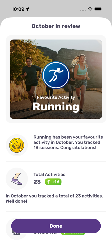 Running Tracker App – FITAPP - 10月の統計、お気に入りのアクティビティとしてのランニング、合計23セッションを表示したFITAPPアプリの月間レビュー画面