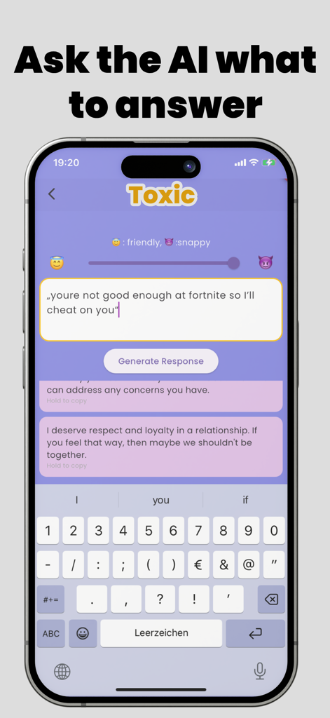 Interfaz de la app Toxic AI mostrando una respuesta de texto generada a un mensaje de citas con un control deslizante de ajuste de tono entre amigable y directo