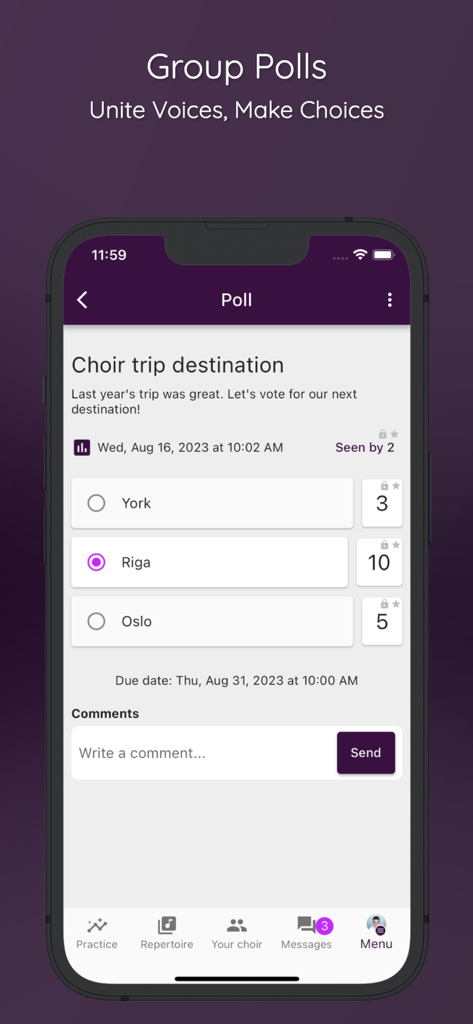 ChoirMate app interface displaying a group poll feature for members to vote on a choir trip destination
