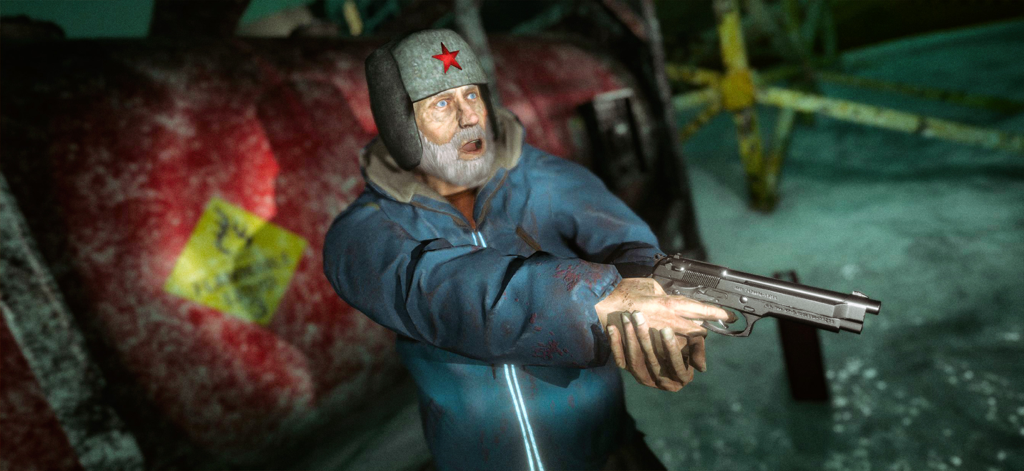 Antarctica 88: Scary Games - Un superviviente asustado con un gorro de invierno y una chaqueta azul sosteniendo una pistola