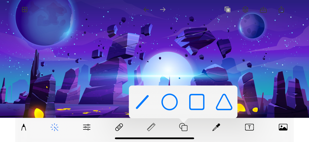 Drawing Apps - 宇宙をテーマにしたイラストの上に幾何学図形ツールを表示するデジタル描画アプリのインターフェース
