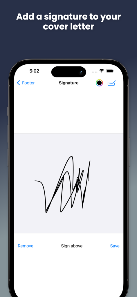 Aggiunta di una firma digitale a una lettera di presentazione utilizzando l'app CV Semplice su uno smartphone