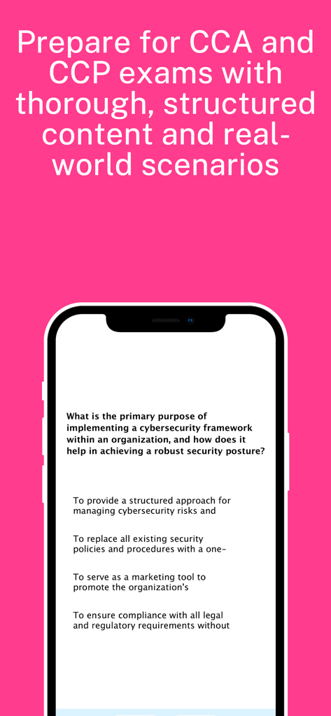 Cyber AB (CCA & CCP) Exam Prep - Cyber AB exam prep app displaying a practice question for CCA and CCP certifications.