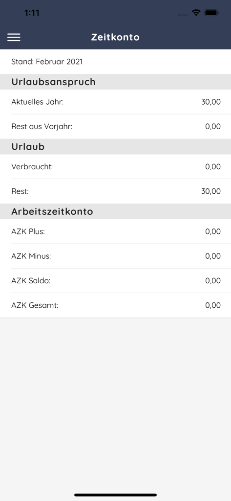 zvoove Work - zvoove Work App-Oberfläche mit Anzeige von Zeitkontoständen und Urlaubstagen