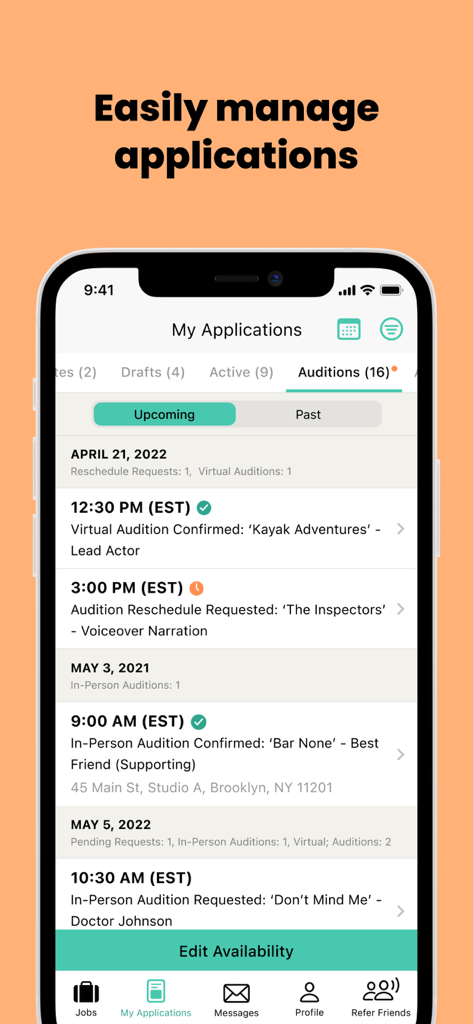The Mandy Network - The Mandy Network app interface showing a list of upcoming auditions and job application statuses