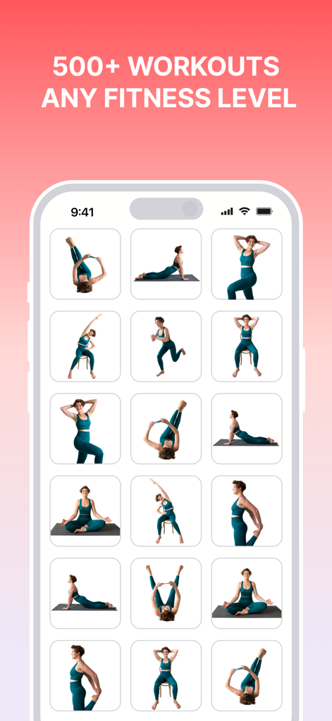 Organic Fit: Workout for Women - A mobile screen showing a variety of workout thumbnails from the Organic Fit app with the text 500 plus workouts for any fitness level