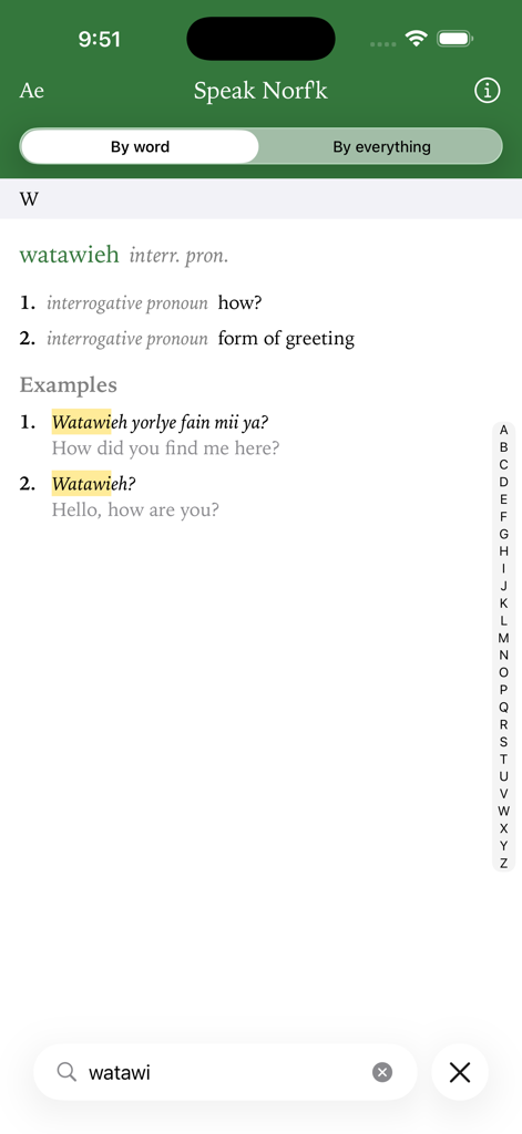 Speak Norfk app dictionary interface showing word definition and examples