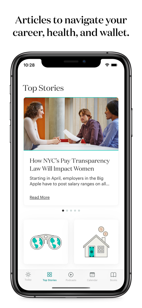 A smartphone displaying theSkimm app top stories section with an article about NYC pay transparency laws and navigation for career and health advice.