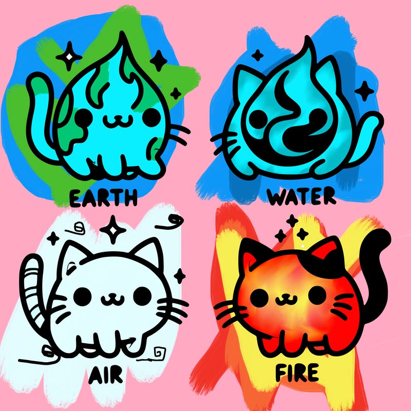 4 cats that represent the different elements, earth, water, air, and fire