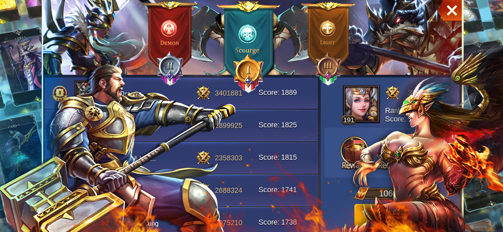 Championship Arena leaderboard showing player rankings and high-fantasy heroes in Trials of Heroes