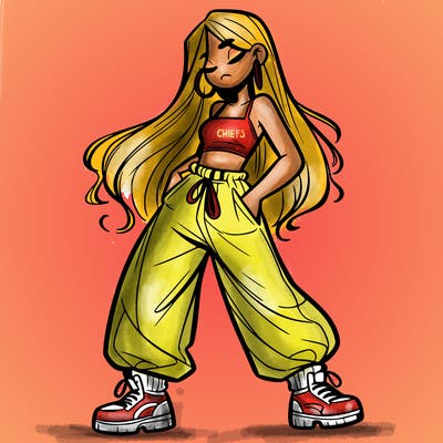 girl in baggy pants crop top and long hair