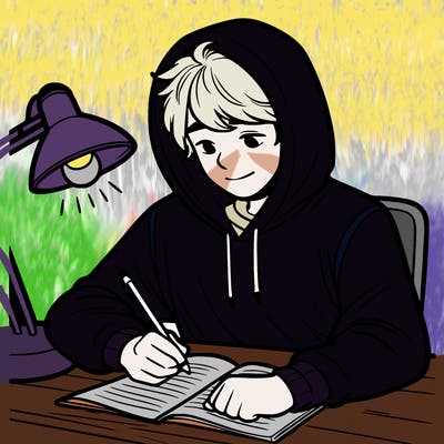 teenage boy with hoodie on writing at his desk with a lamp