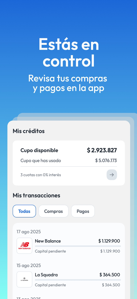 Addi Shop mobile app screen showing available credit limit and a list of recent purchase transactions