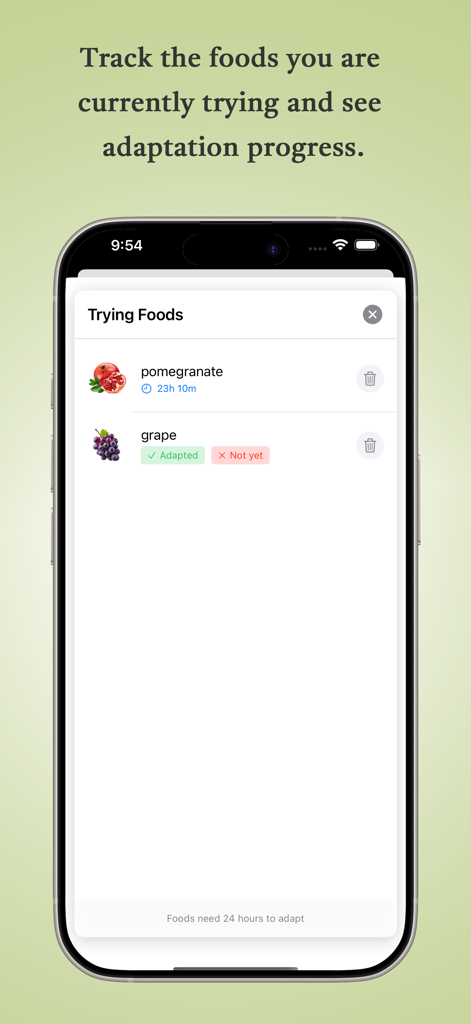 Una pantalla de la aplicación móvil que muestra el rastreador de alimentos en prueba para la dieta SCD con indicadores de progreso para granada y uvas