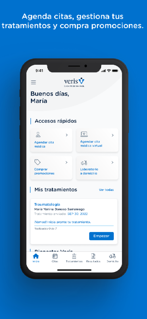 Mi Veris - Interfaz del panel de la aplicación Mi Veris que muestra opciones para citas médicas, tratamientos y servicios de laboratorio a domicilio en español.