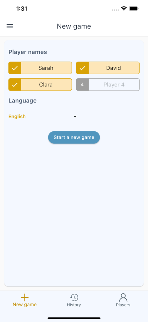 Score Keeper for Word Games - La pantalla de configuración de nuevo juego de la aplicación Llevador de Puntuación para Juegos de Palabras con campos para nombres de jugadores y selección de idioma.