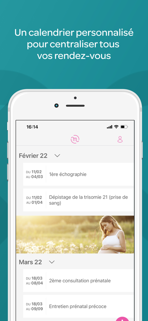 Materniteam app interface showcasing a personalized pregnancy calendar for medical appointments