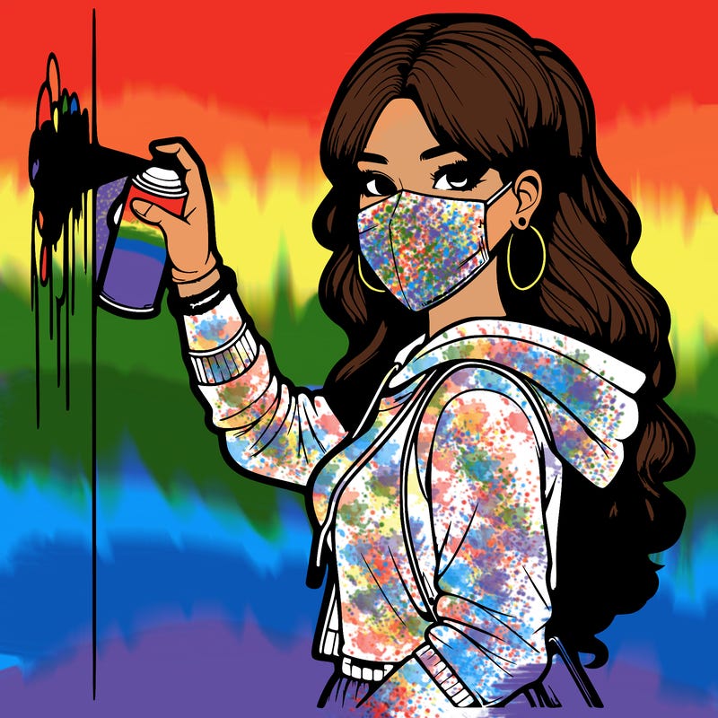 realistic girl with mask spray painting a wall