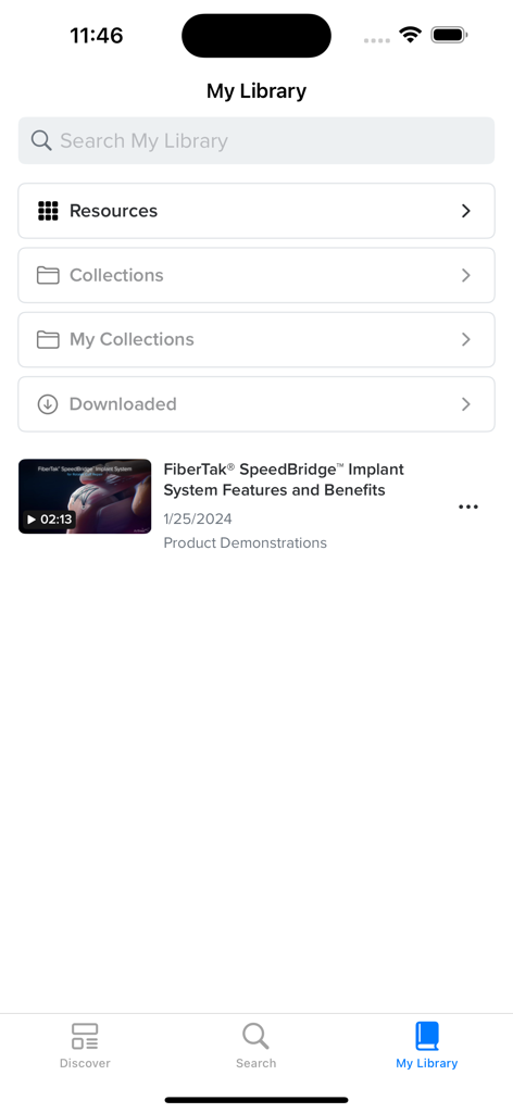 Arthrex Rep - Arthrex Rep app My Library screen with resource folders and medical product demonstration videos