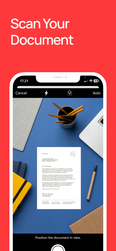 Mobile app interface showing a document scanning feature for creating PDFs.